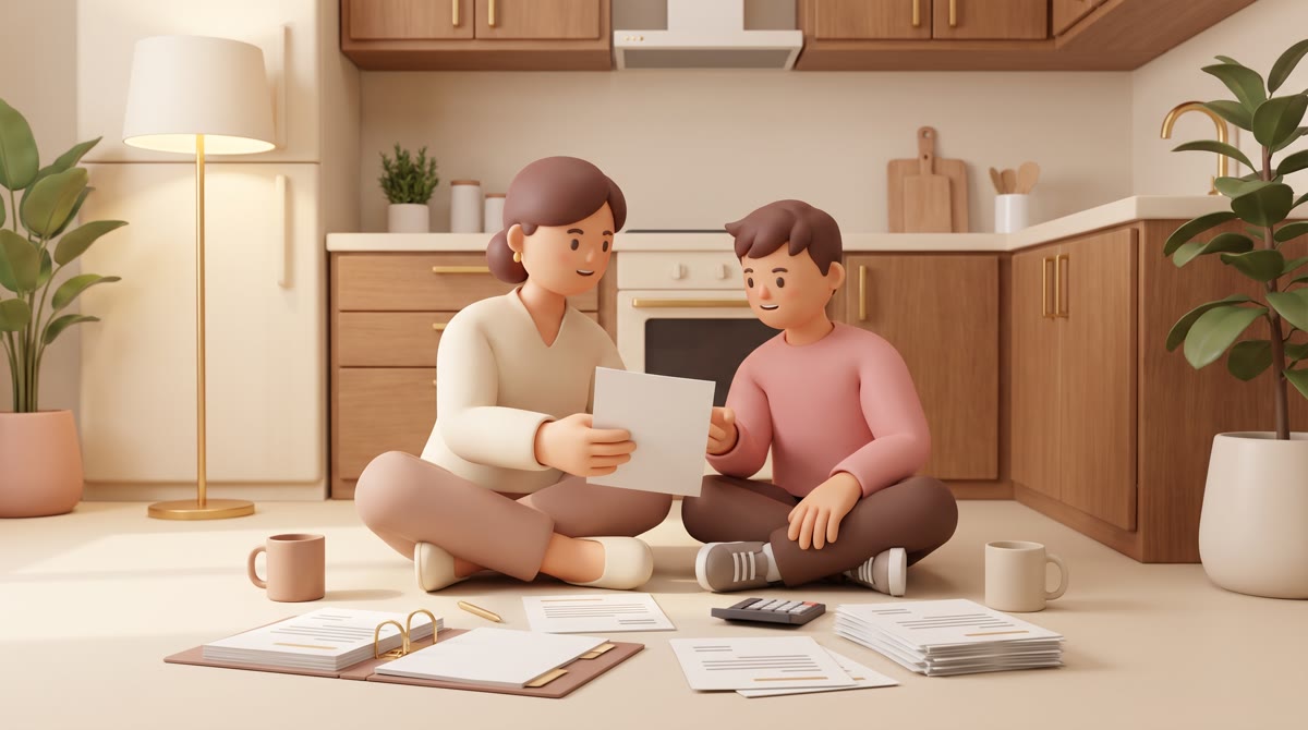 A parent and teenager sitting on a kitchen floor surrounded by open binders and loose pages showing 