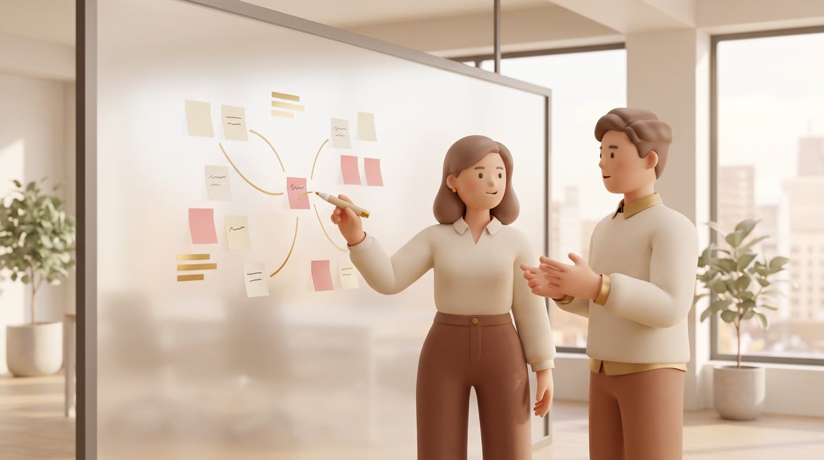 Two young professionals in a bright office standing at a large glass wall covered in abstract sticky