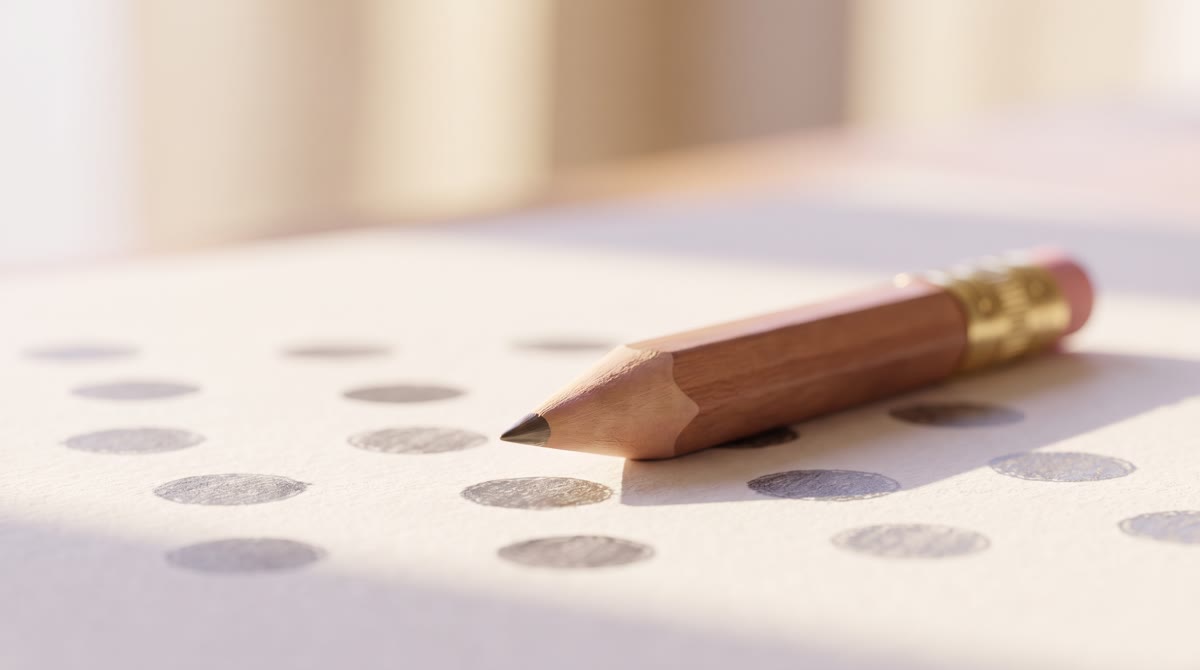 Macro close-up of a sharpened wooden pencil resting on a grid of graphite-filled circles, shallow de