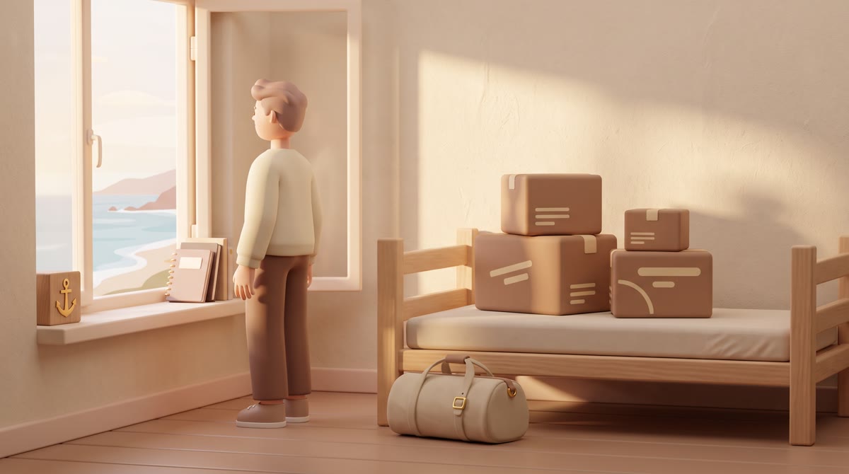 Close-up of an open dorm-room window in a coastal residence hall, cardboard moving boxes stacked on 