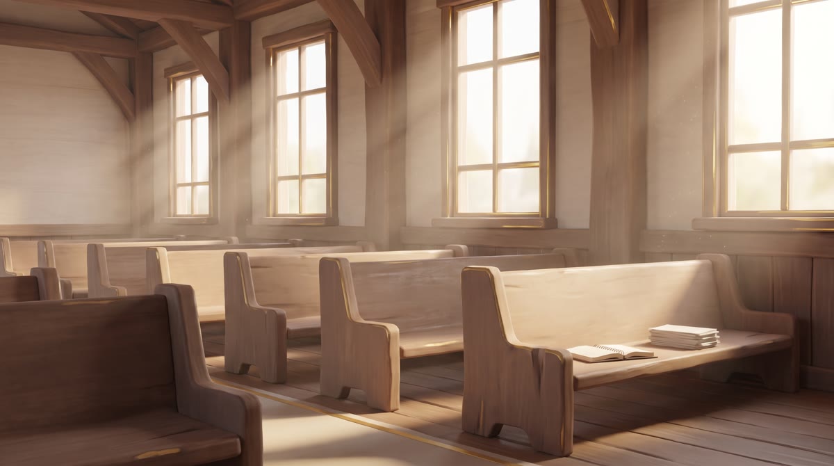 Interior of a simple wooden chapel at mid-morning, empty pews, dust visible in a shaft of light from
