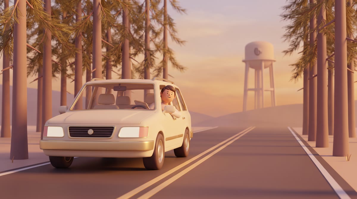 Family car on a two-lane road lined with Georgia pines, campus water tower visible in the distance, 