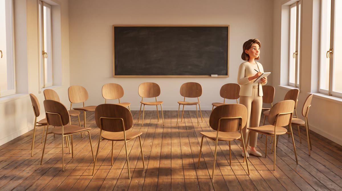 An empty college seminar room in late afternoon, twelve wooden chairs arranged in an open circle on 