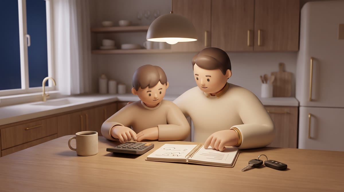 A warm-toned kitchen table at night with a calculator, a mug of coffee, an open notebook showing abs