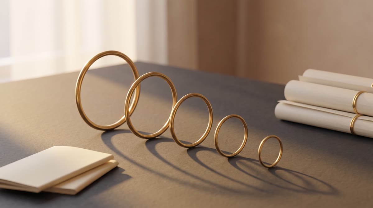 Abstract still life on a matte charcoal surface: a descending row of five brass rings, each slightly