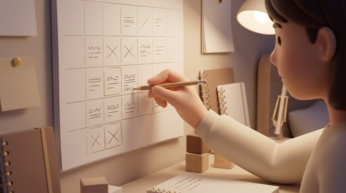 Close-up of a hand marking a large paper wall calendar in a teenager's bedroom at night, lamp light,
