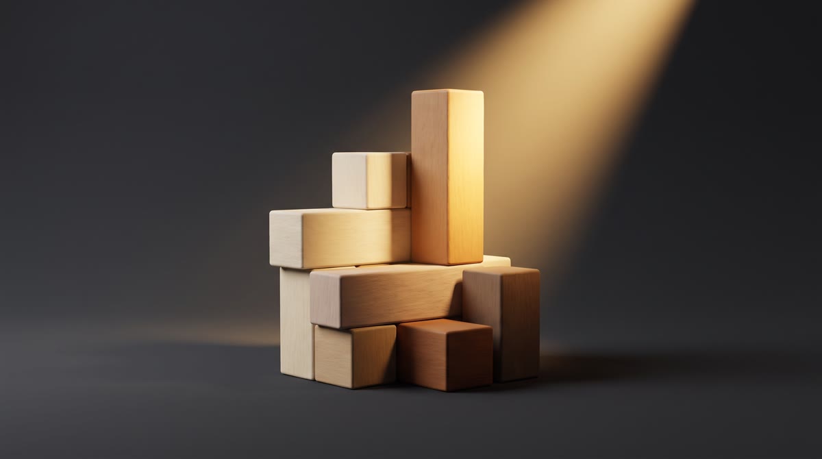 Abstract still life of stacked wooden blocks of unequal heights on a dark charcoal surface, one tall
