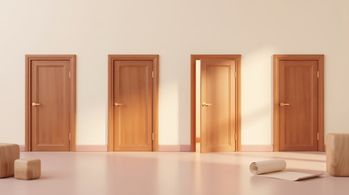 A warm-lit corridor with four identical wooden doors, one standing slightly ajar with light spilling