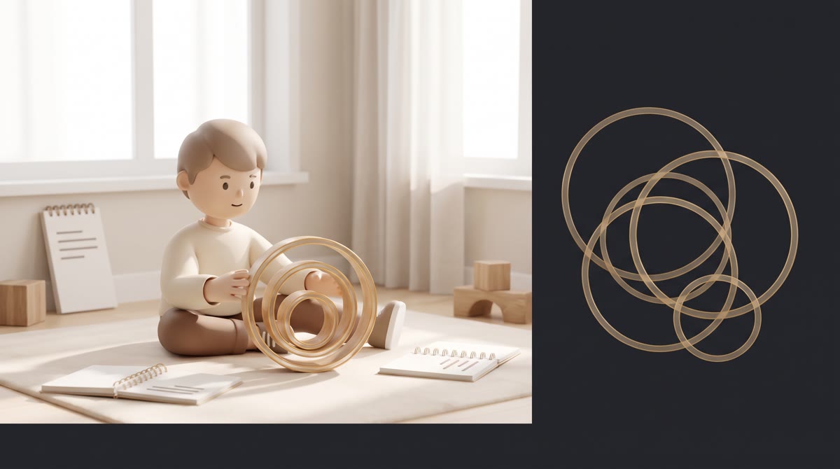 Abstract composition of five overlapping translucent gold rings of different sizes on a deep charcoa