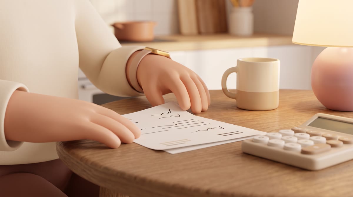 Two hands sliding a paper document with abstract placeholder lines across a wooden kitchen table bes