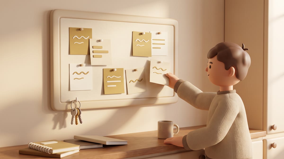 A corkboard on a kitchen wall with blank pinned paper squares in cream and gold, a hanging set of ke