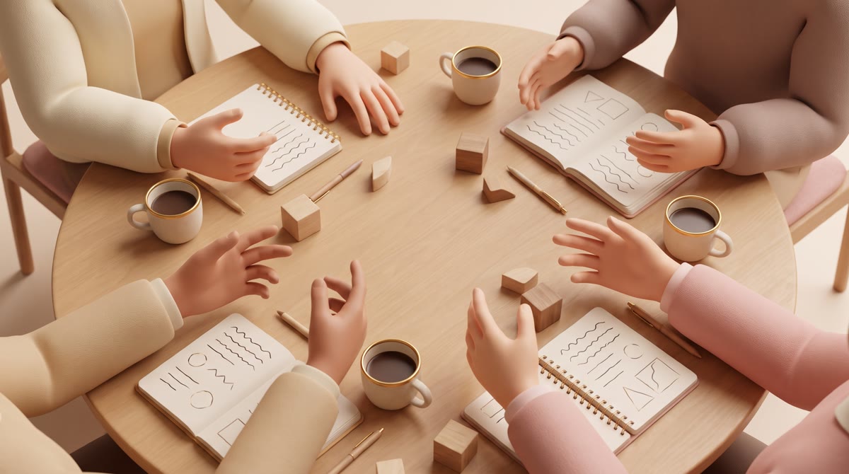 Overhead view of a round study table with coffee cups, open notebooks showing abstract placeholder l