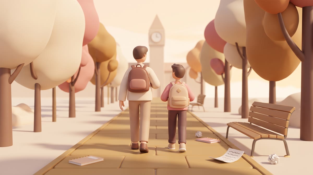A parent and teenager walking away from the camera along a tree-lined campus path in low autumn sunl