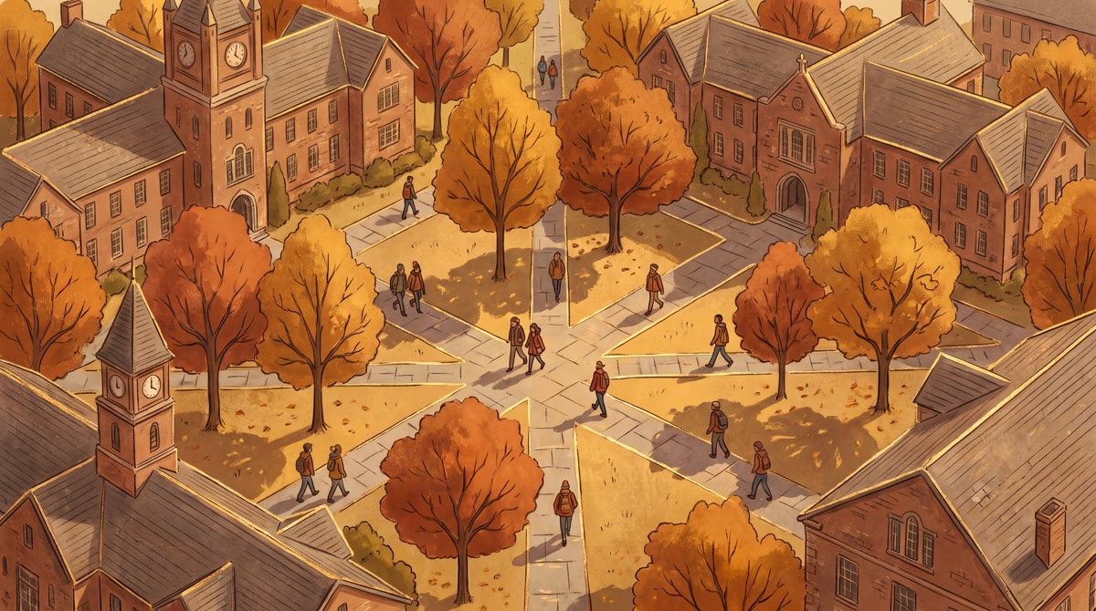 Aerial view of a college quad in mid-autumn, students crossing diagonal paths between brick building