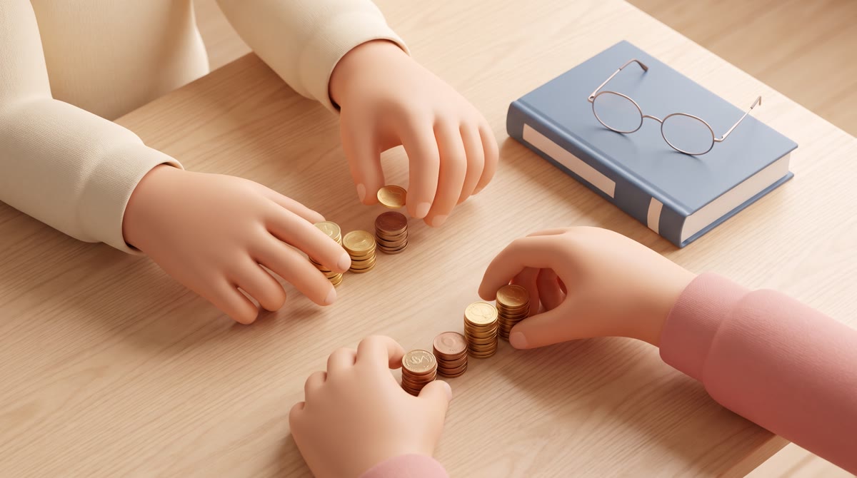 Overhead shot of hands sorting stacked coins into small piles beside a closed textbook and a pair of