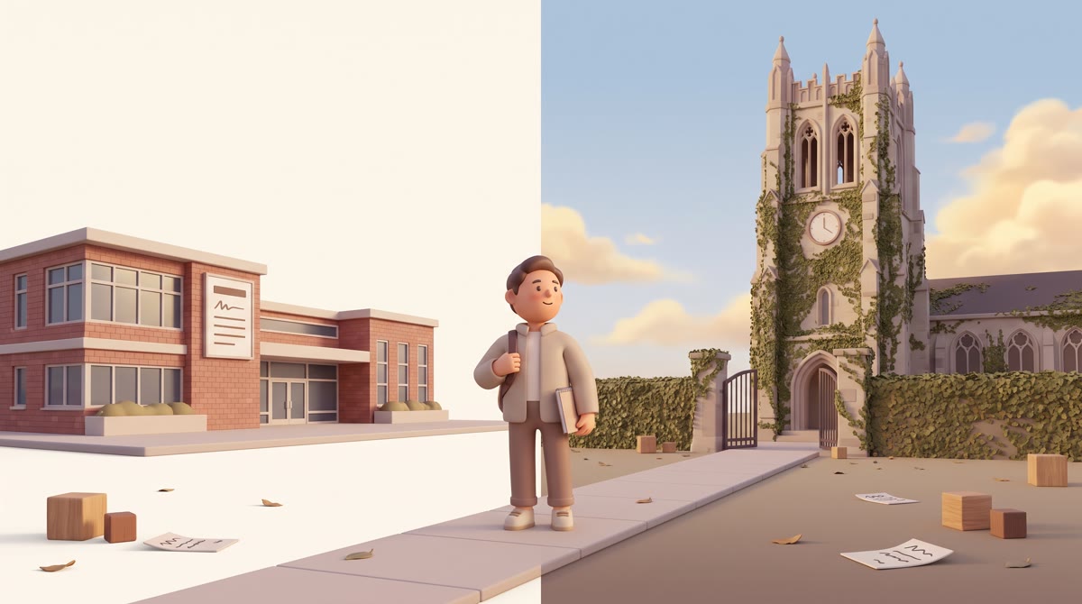 Split-frame composition, left half a low brick community college building under bright sky, right ha
