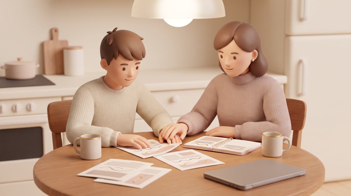 Close-up of a teenager and a parent at a kitchen table in the evening, laptop closed, printed pages 