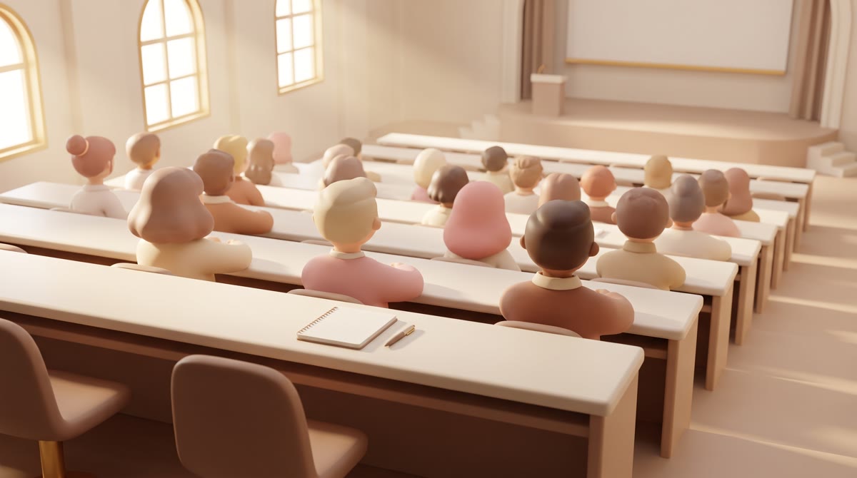 View from the back row of a tiered university lecture hall, about two-thirds full, students seen fro