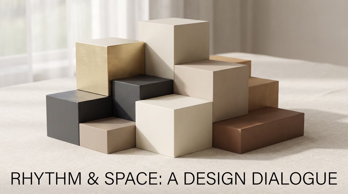 Abstract editorial composition of stacked rectangular blocks in warm gold and deep charcoal at uneve