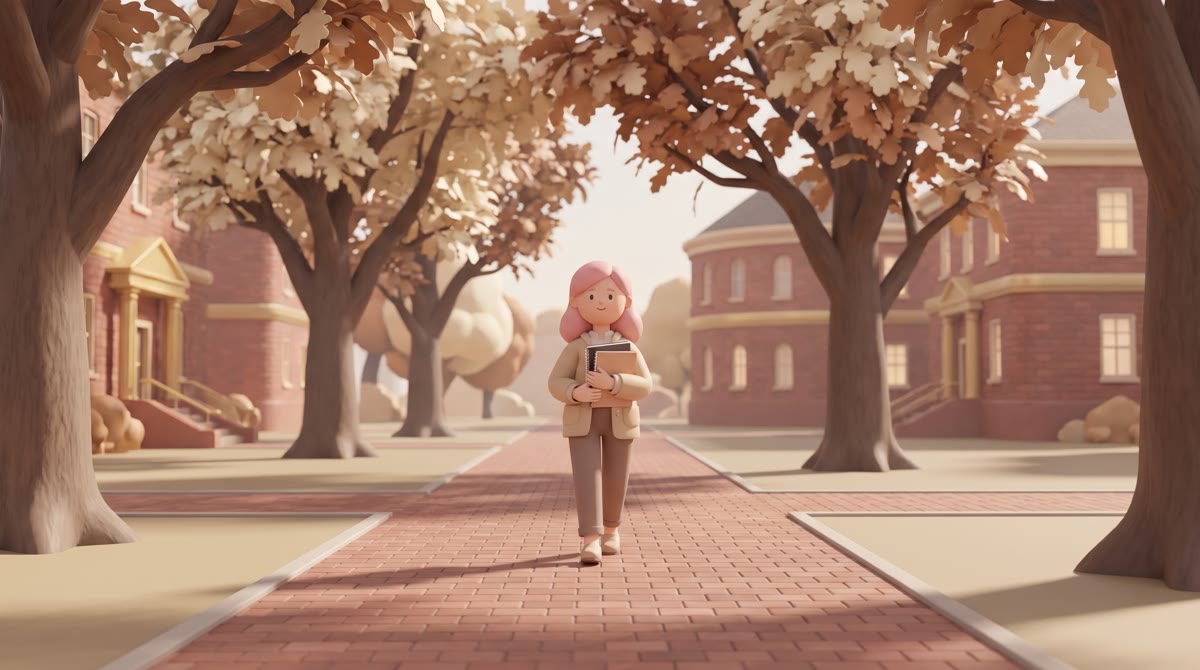 Students walking a brick pathway under mature oak trees on a red-brick Southern campus in early autu