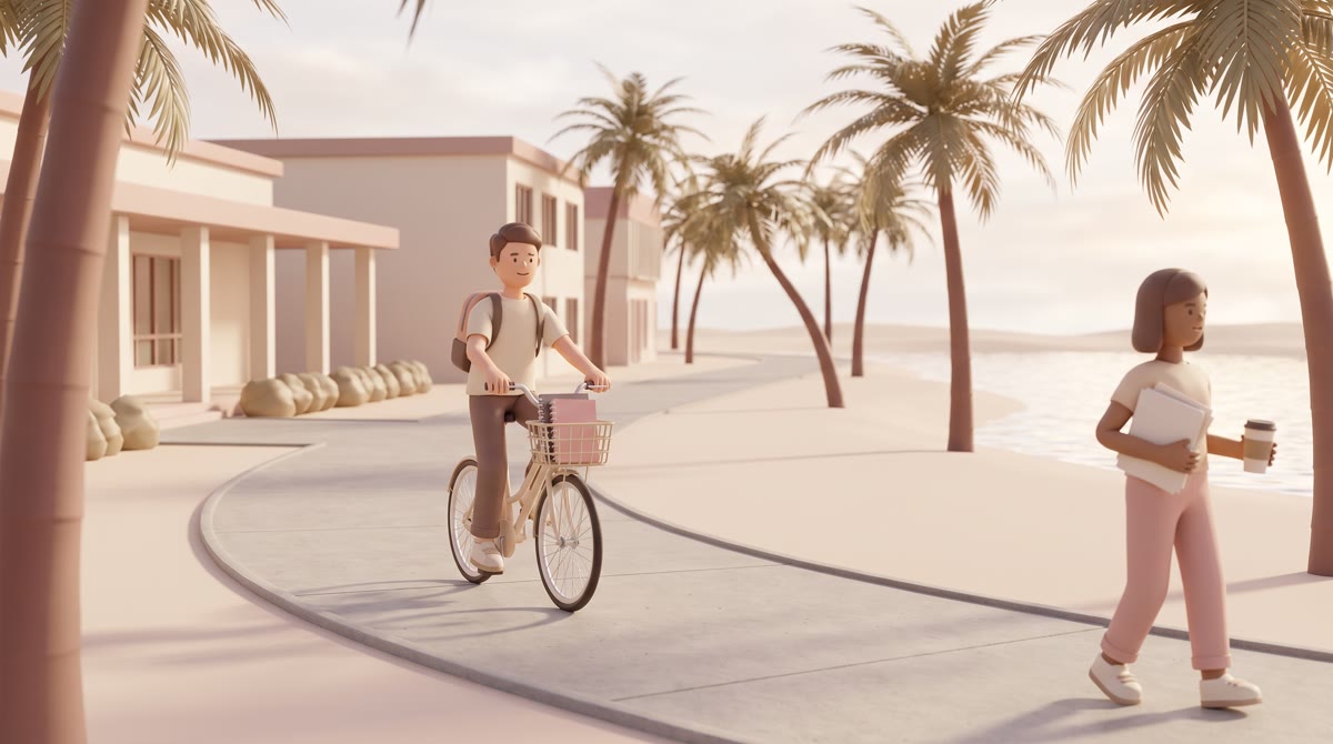 Palm-lined concrete walkway on a sunlit Southwest Florida university campus, students cycling past l