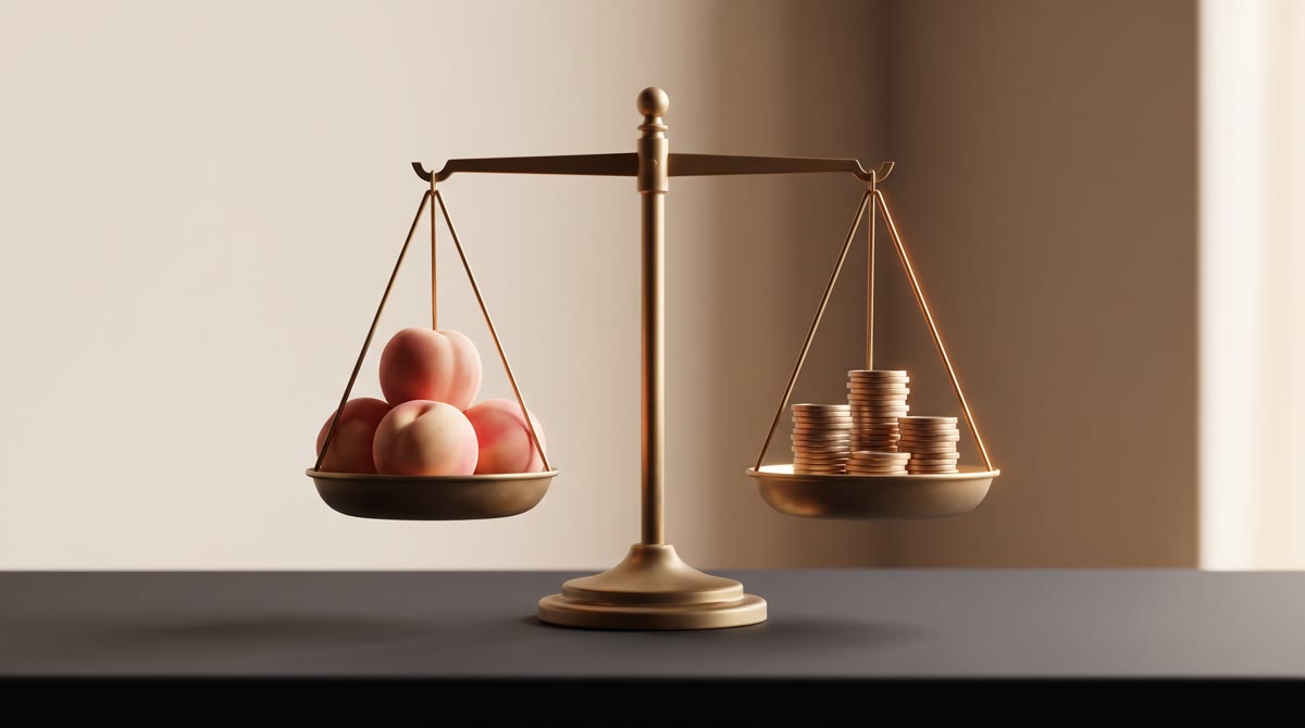 Still-life composition on a dark charcoal surface: a brass balance scale with fresh peaches on one p