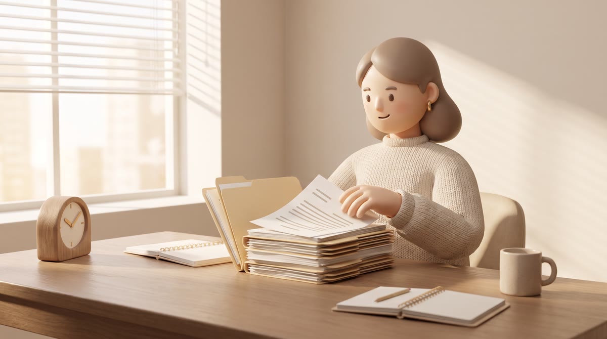 An admissions reader's hands sorting a tall stack of paper application folders on a wooden table in 