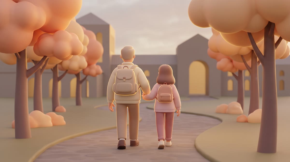 A parent and teenager walking a tree-lined campus path in early evening, both carrying backpacks, vi