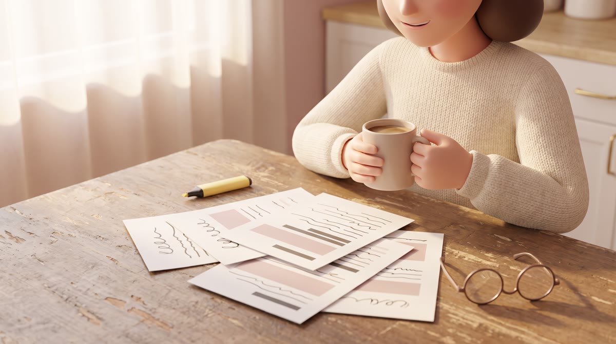 Close-up of a worn wooden kitchen table with scattered printed pages showing abstract placeholder li