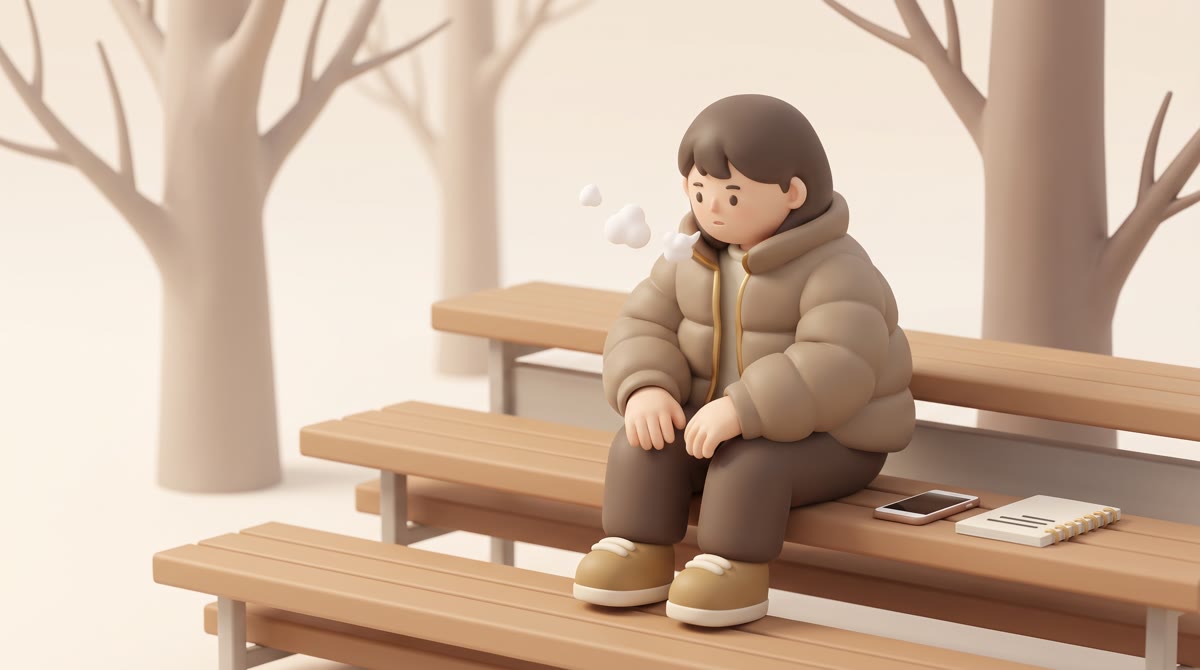 A high school senior in a winter coat sitting on outdoor bleachers in December, breath visible in co