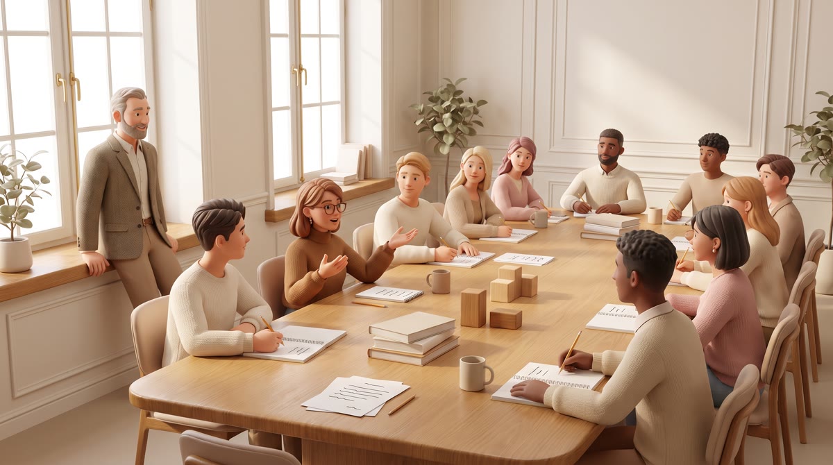 Twelve students seated around a long oak seminar table in a sunlit room with tall windows, one gestu