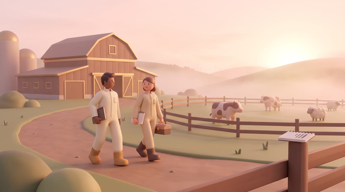Students in work boots and coveralls walking past a livestock barn and open pasture on an agricultur