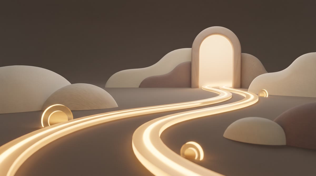 Minimal abstract composition on a dark neutral background, two parallel ribbons of warm gold light c