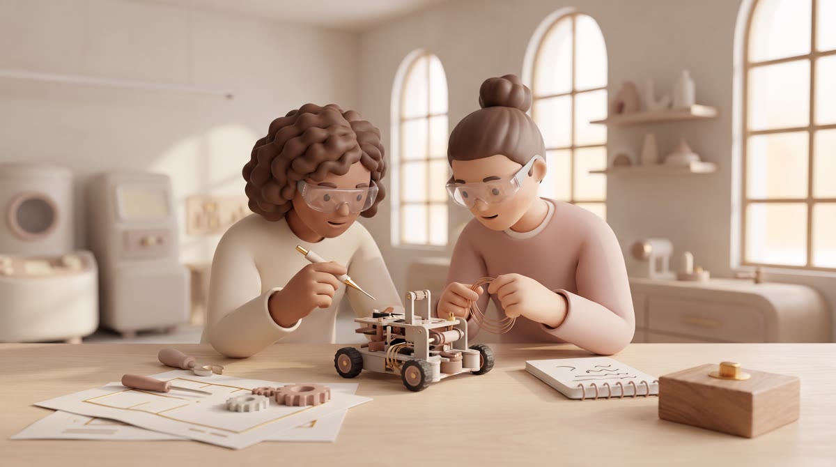 Two undergraduates in a university engineering lab bending over a small robotics assembly on a workb