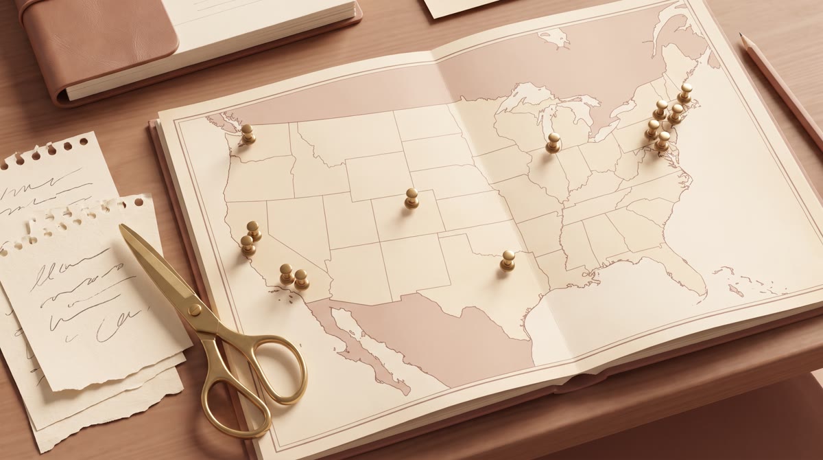 An overhead composition of a paper US map with a scattering of brass pushpins clustered on the coast