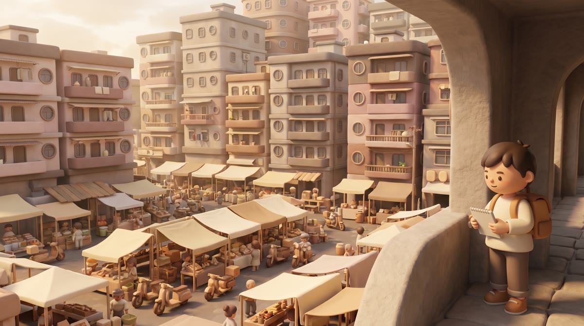 Dense urban market scene illustrating population density and economic geography.