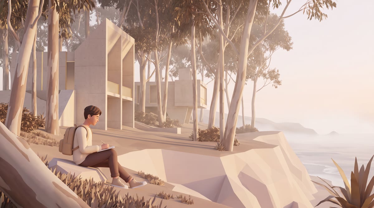 Coastal California bluff at golden hour, eucalyptus grove beside angular modernist concrete building