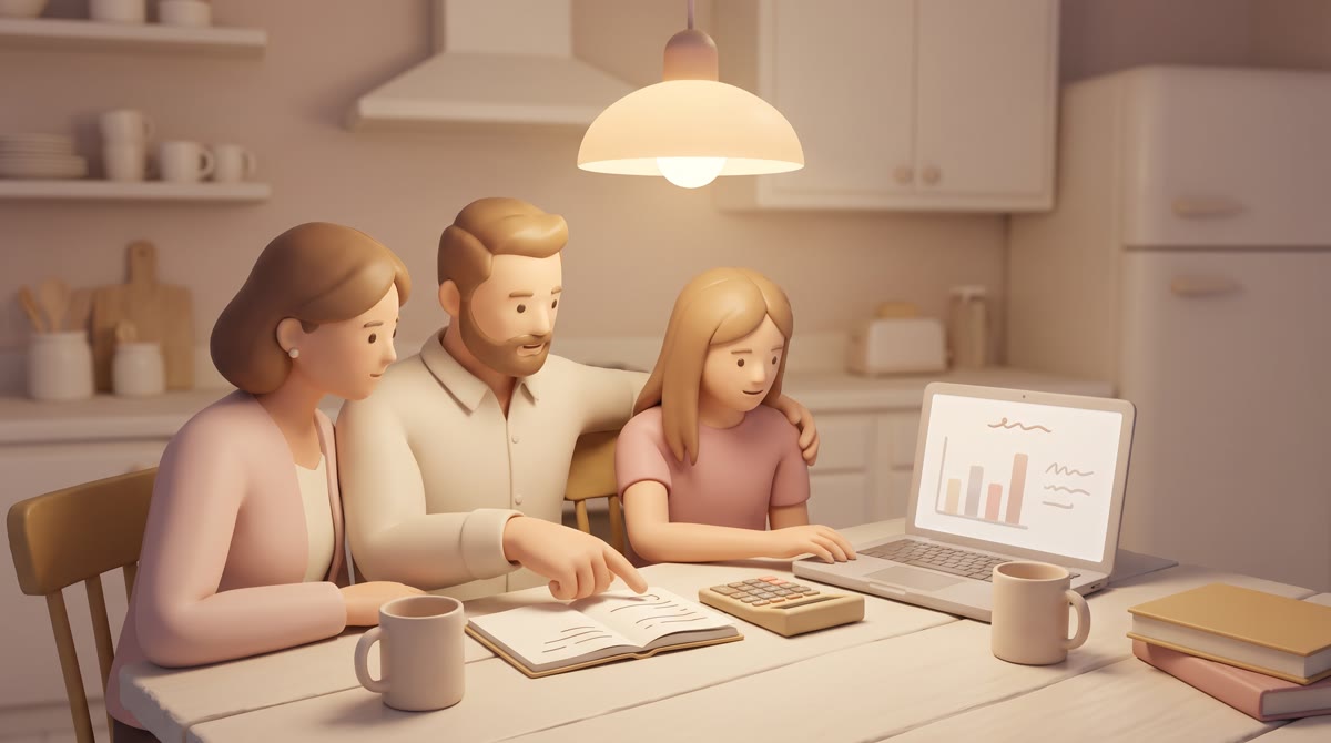 A mother, father and teenage daughter sitting close together at a kitchen table at night, a calculat