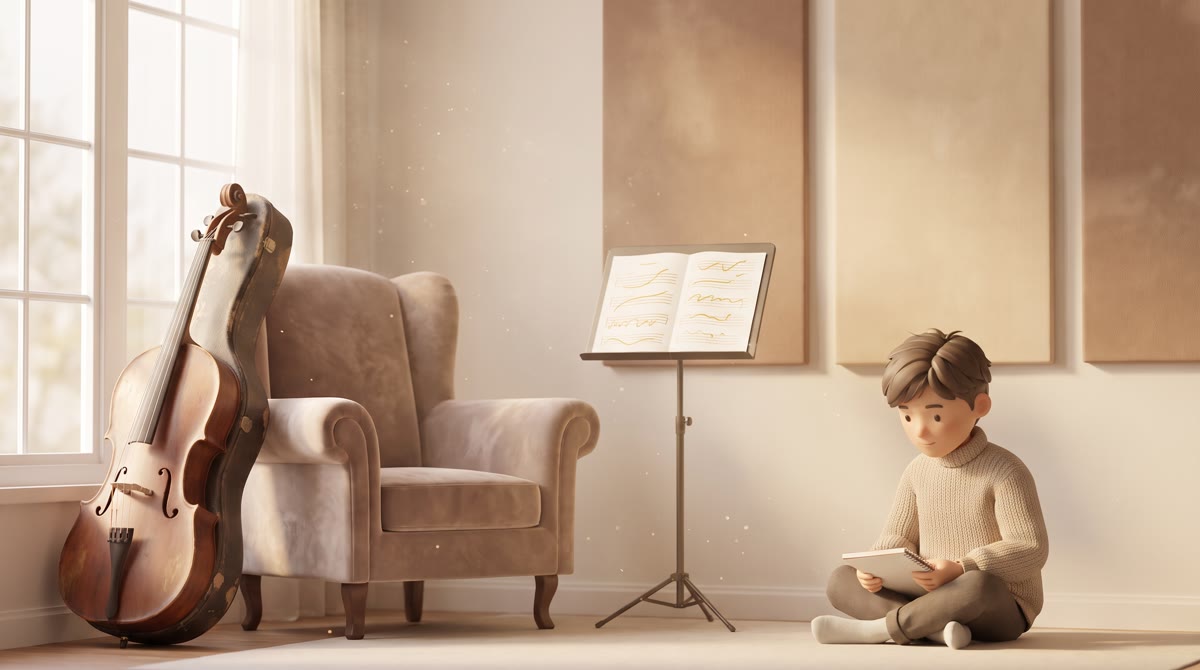 A cello leaning against a chair in a sunlit university practice room, sheet music on a stand showing