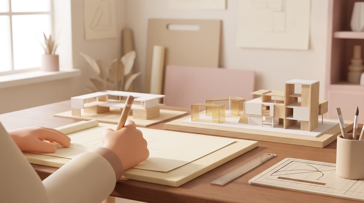 Close-up of student hands sketching a structural model in an architecture studio, foam board and sca