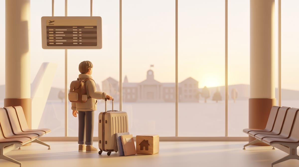 An airport departure gate at dawn with a single student and a large suitcase, warm light through flo