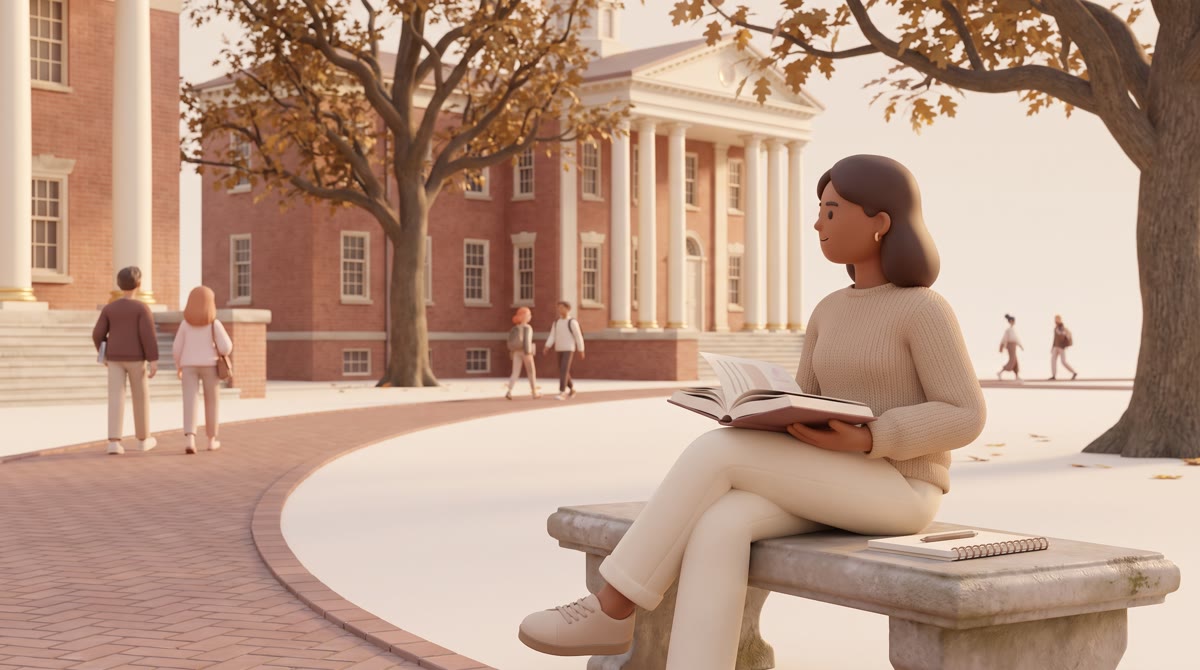 Late-afternoon view of a historic red-brick campus quadrangle with white columns, mature oak trees, 