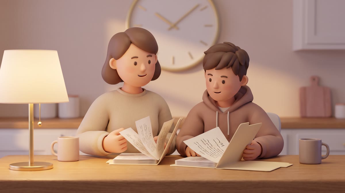 A parent and teenager sitting together at a kitchen table at dusk, warm lamp light, open folders wit