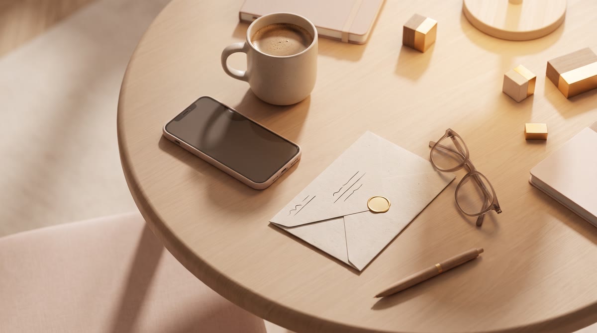 Overhead view of a wooden table with a cup of coffee, a phone face-down, a paper envelope, and a pai