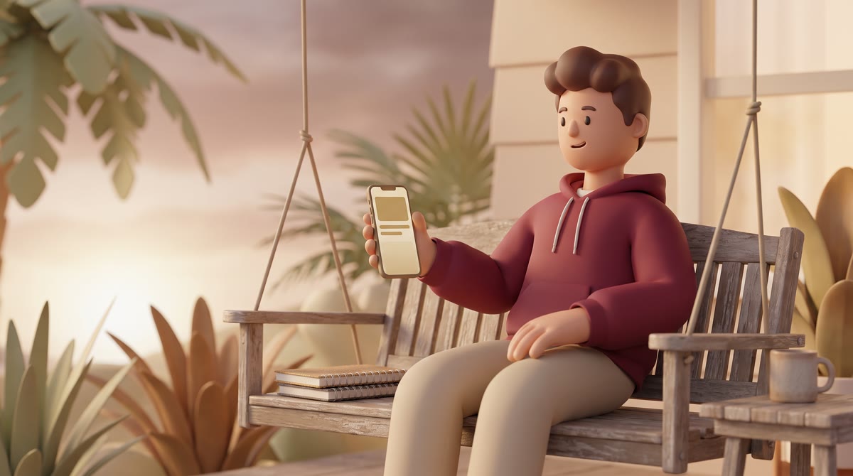 A high school senior in a garnet hoodie sitting on a suburban Florida porch at dusk, phone in hand, 