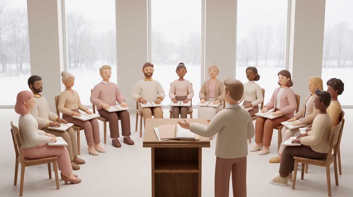 A dozen adult students seated in a semicircle in a bright seminar room, an instructor standing and g