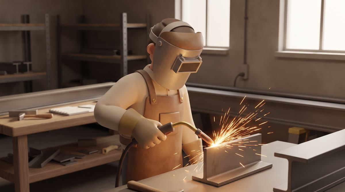 Close-up of a welding student in a leather apron and helmet, bright sparks arcing off a steel joint 