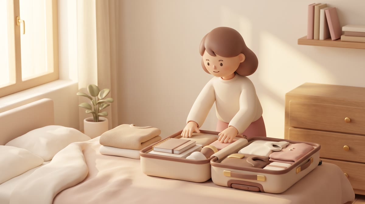 A packed suitcase open on a bed beside a folded sweater and a small houseplant, soft morning light t