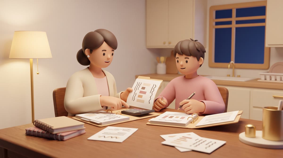 A parent and teenager at a kitchen table at night, calculator and folders with abstract placeholder 