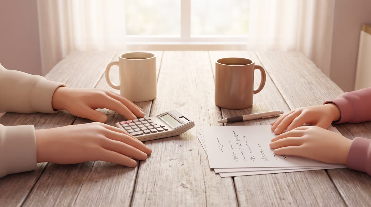 A weathered kitchen table in morning light with two coffee mugs, a pocket calculator, a pen, and a s